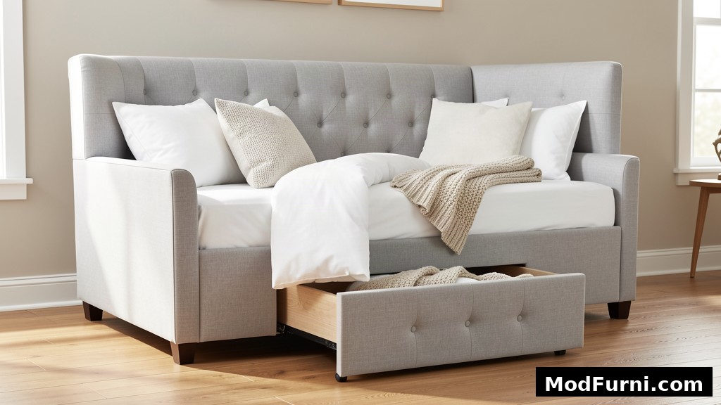 Queen size upholstered daybed with trundle in a modern guest room